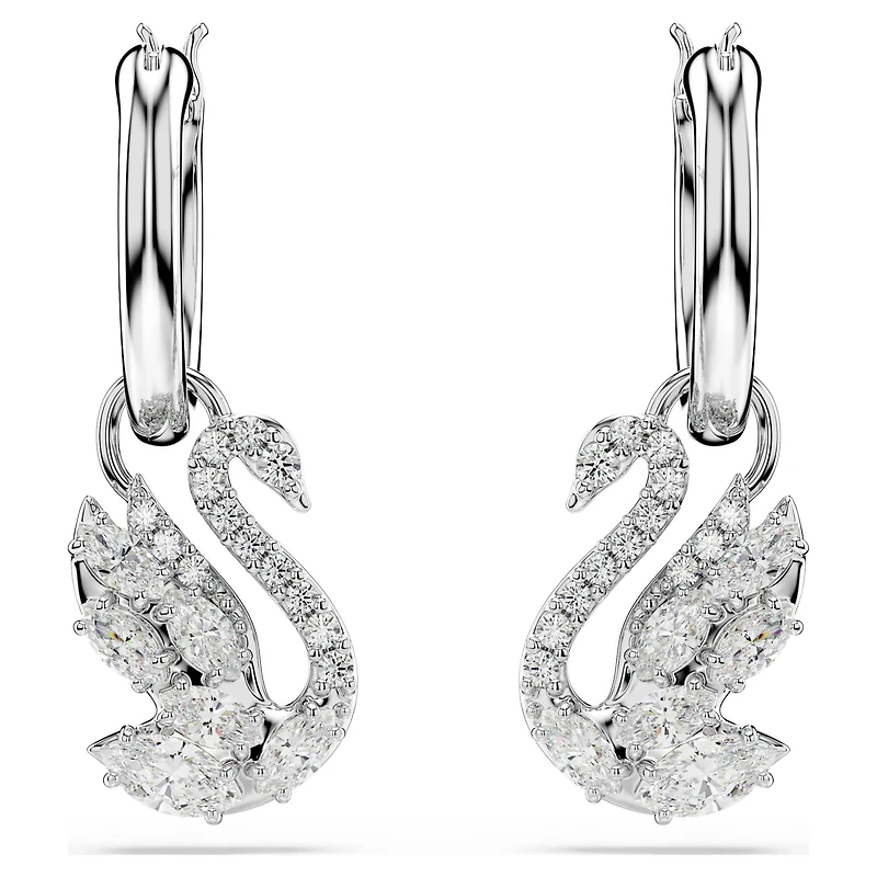 Swan drop earrings, Mixed cuts, Swan, White, Rhodium plated