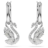 Swan drop earrings, Mixed cuts, Swan, White, Rhodium plated