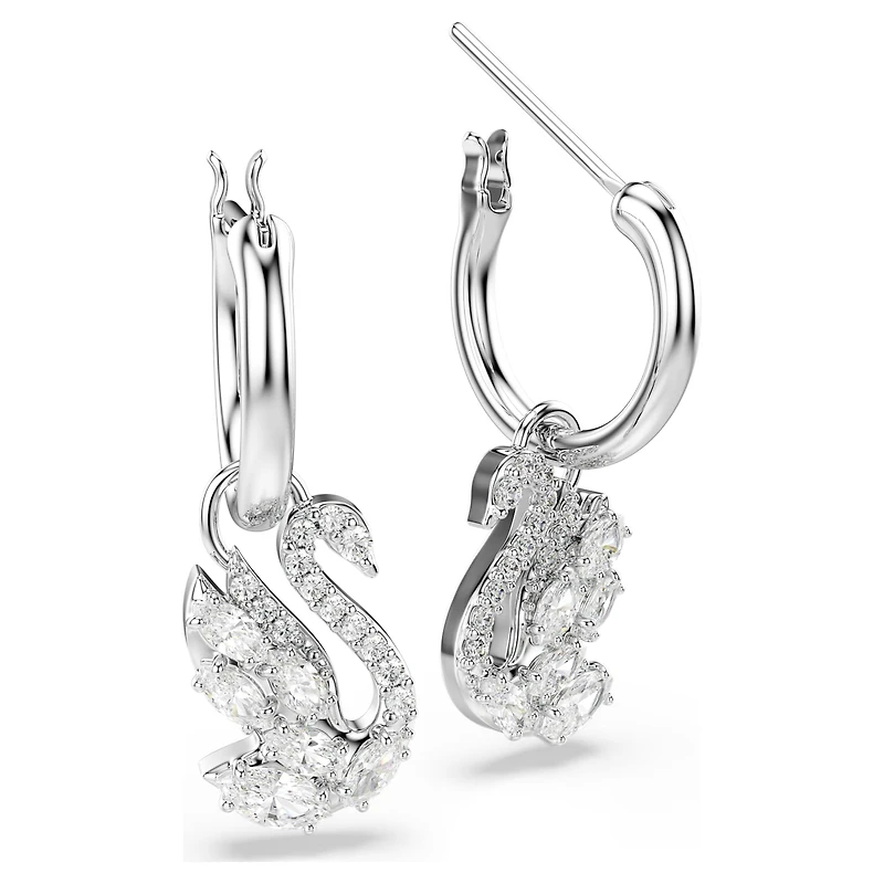 Swan drop earrings, Mixed cuts, Swan, White, Rhodium plated