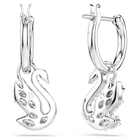 Swan drop earrings, Mixed cuts, Swan, White, Rhodium plated