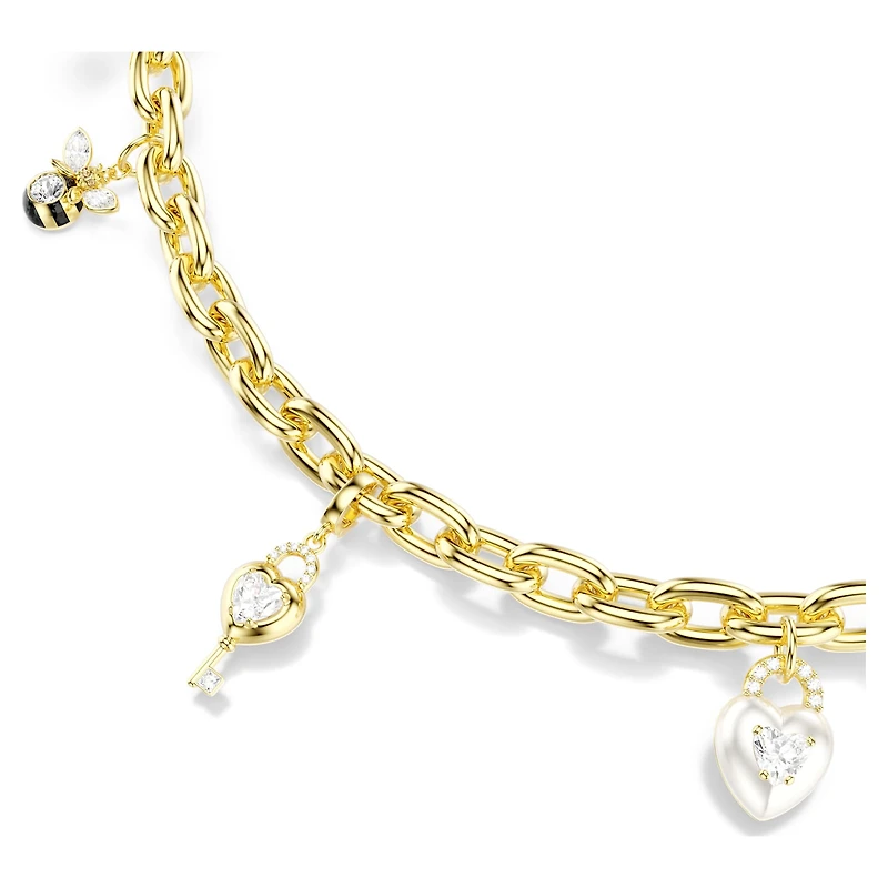 Bag charm, Mixed cuts, White, Gold-tone plated