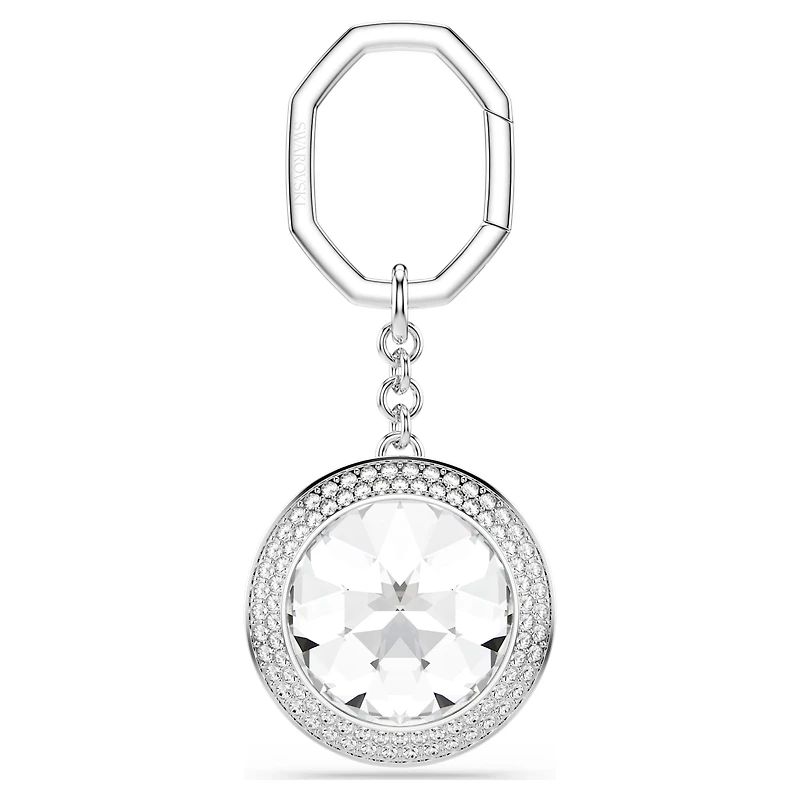 Bag charm, Round cut, White, Rhodium plated