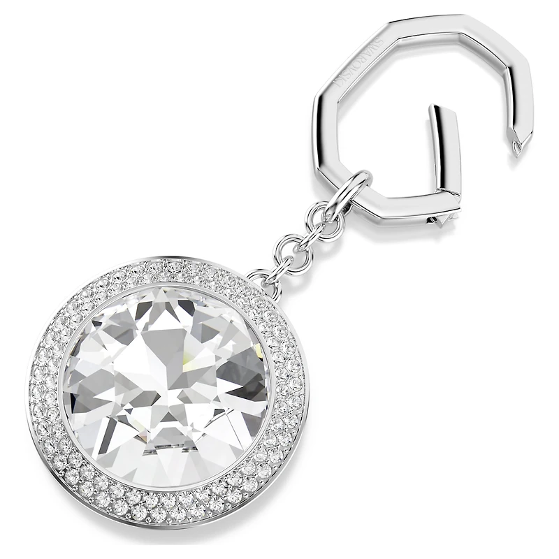 Bag charm, Round cut, White, Rhodium plated