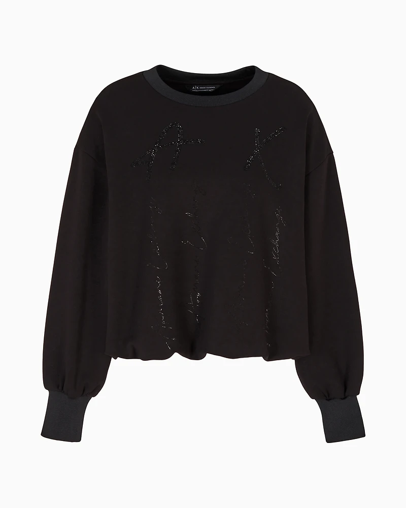 Oversized sweatshirt with wavy bottom and rhinestones