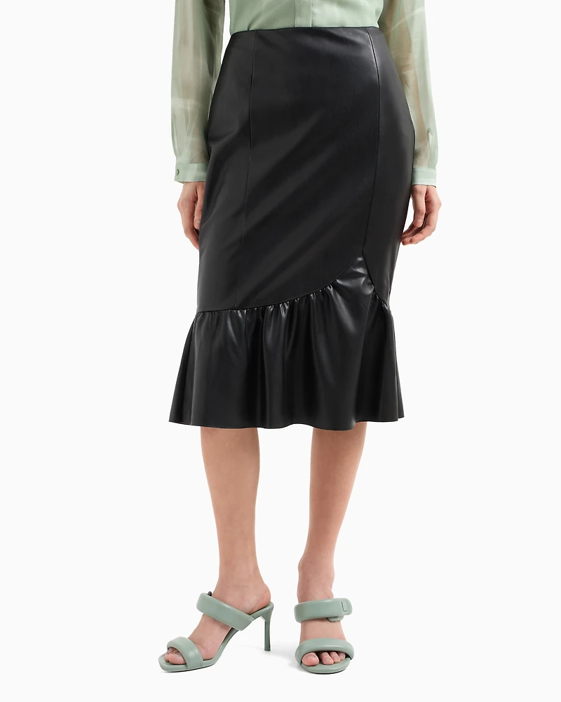 ASV Faux Leather Midi Skirt with Ruffle