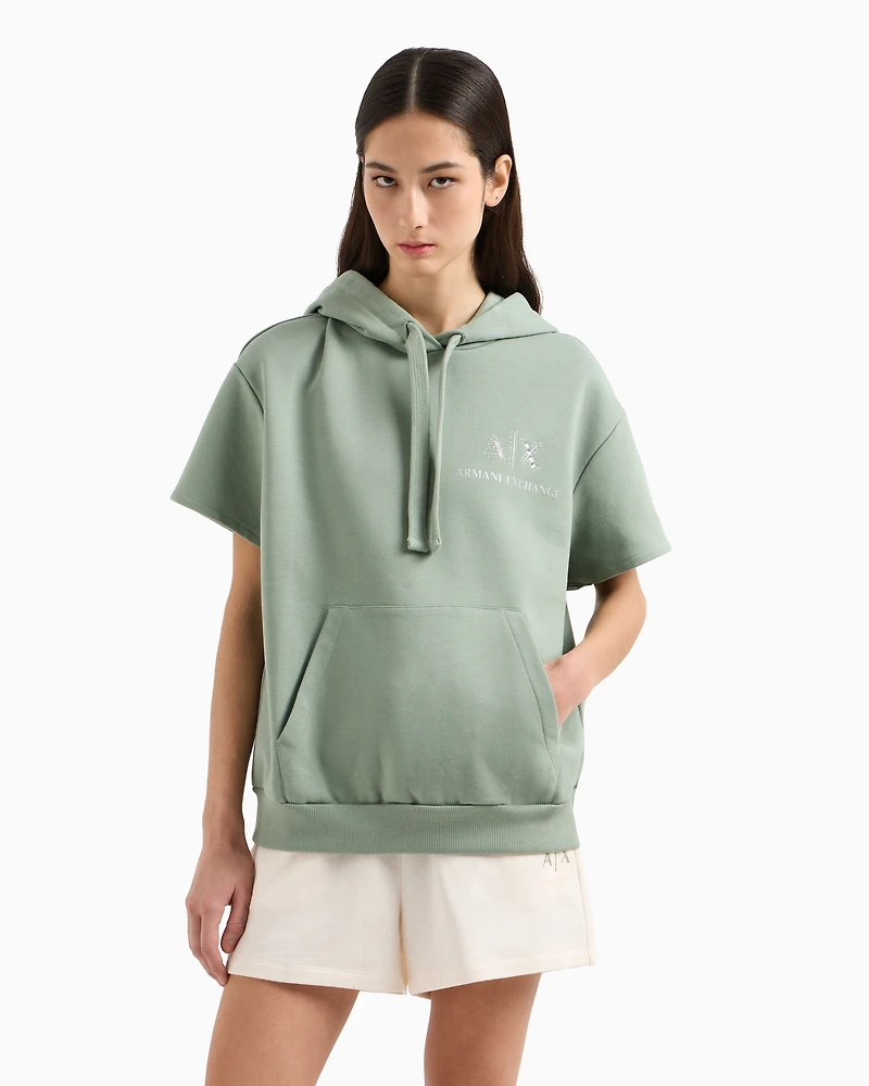 Short-sleeved sweatshirt with logo and rhinestones