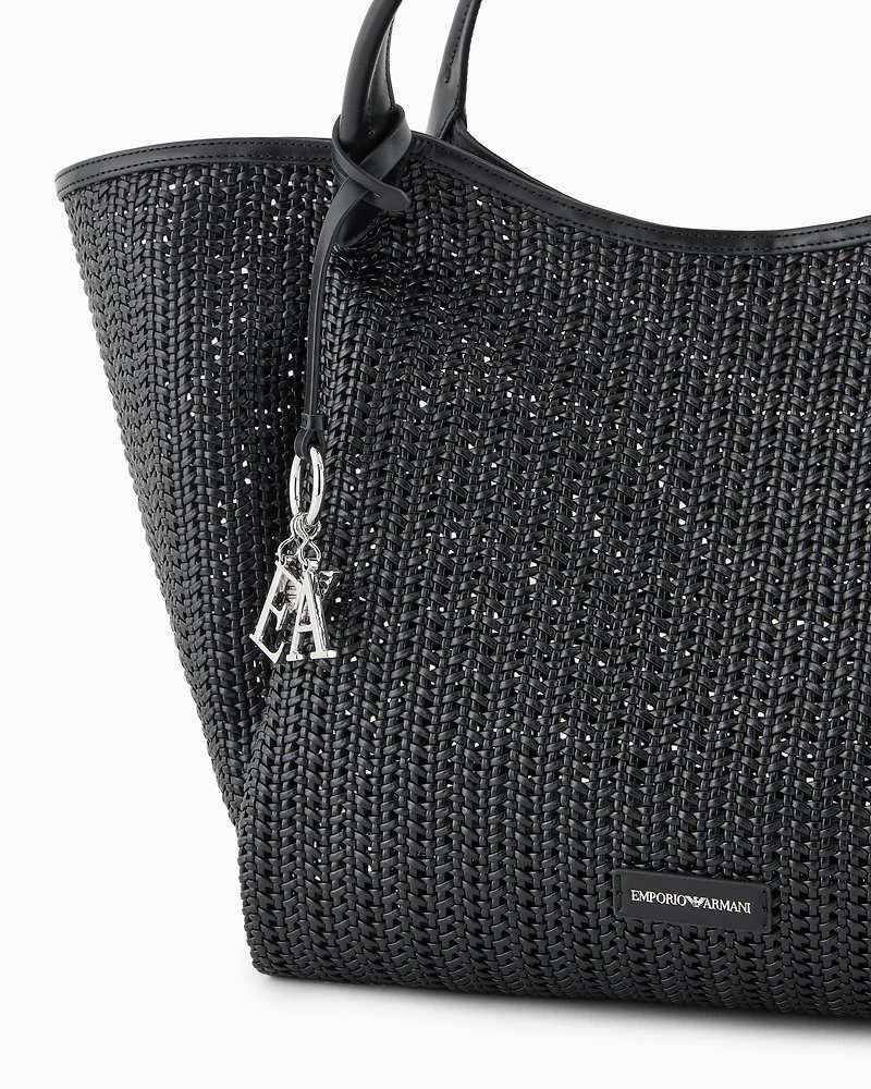 Emporio Armani - Oversized interwoven shopper bag with logo charm, Woman, Black, Size: TU