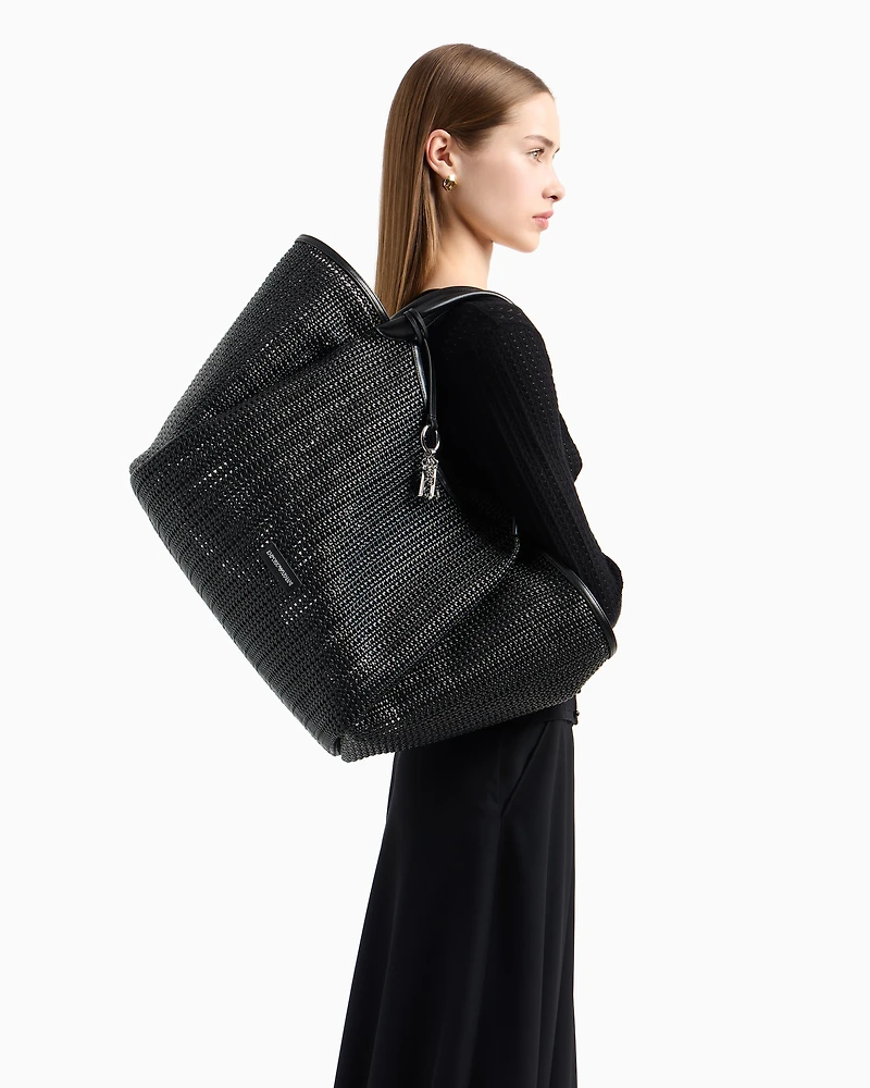 Emporio Armani - Oversized interwoven shopper bag with logo charm, Woman, Black, Size: TU