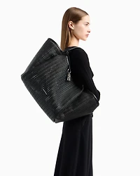Emporio Armani - Oversized interwoven shopper bag with logo charm, Woman, Black, Size: TU