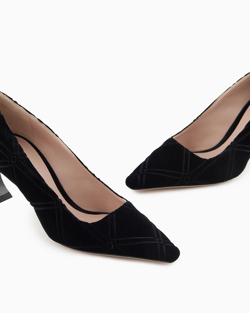 Emporio Armani - Embossed motif velvet court shoes, Woman, Black, Size: