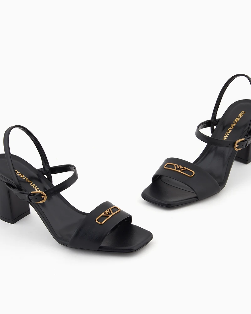 Emporio Armani - Nappa-leather heeled sandals with eagle plate, Woman, Black, Size: