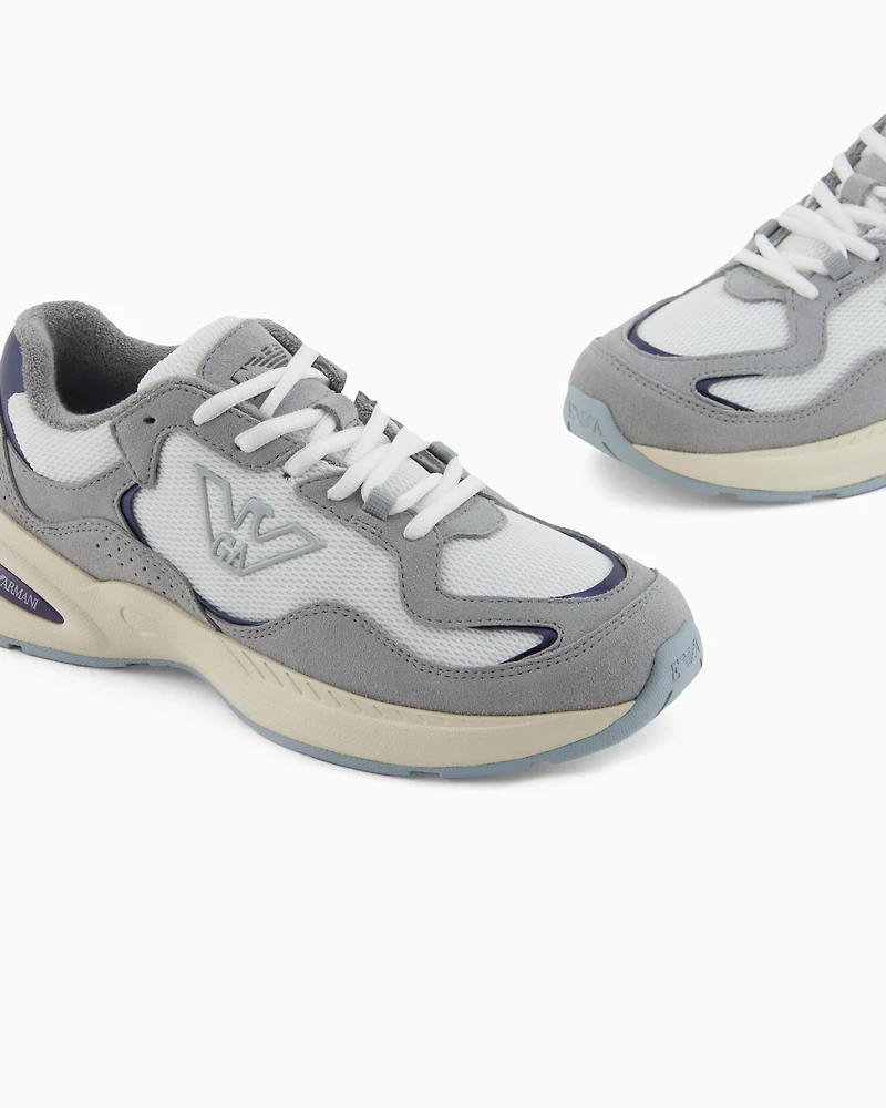 Emporio Armani - Mesh sneakers with suede details and an eagle logo, Woman, Grey, Size: