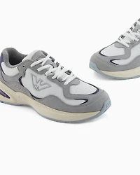Emporio Armani - Mesh sneakers with suede details and an eagle logo, Woman, Grey, Size: