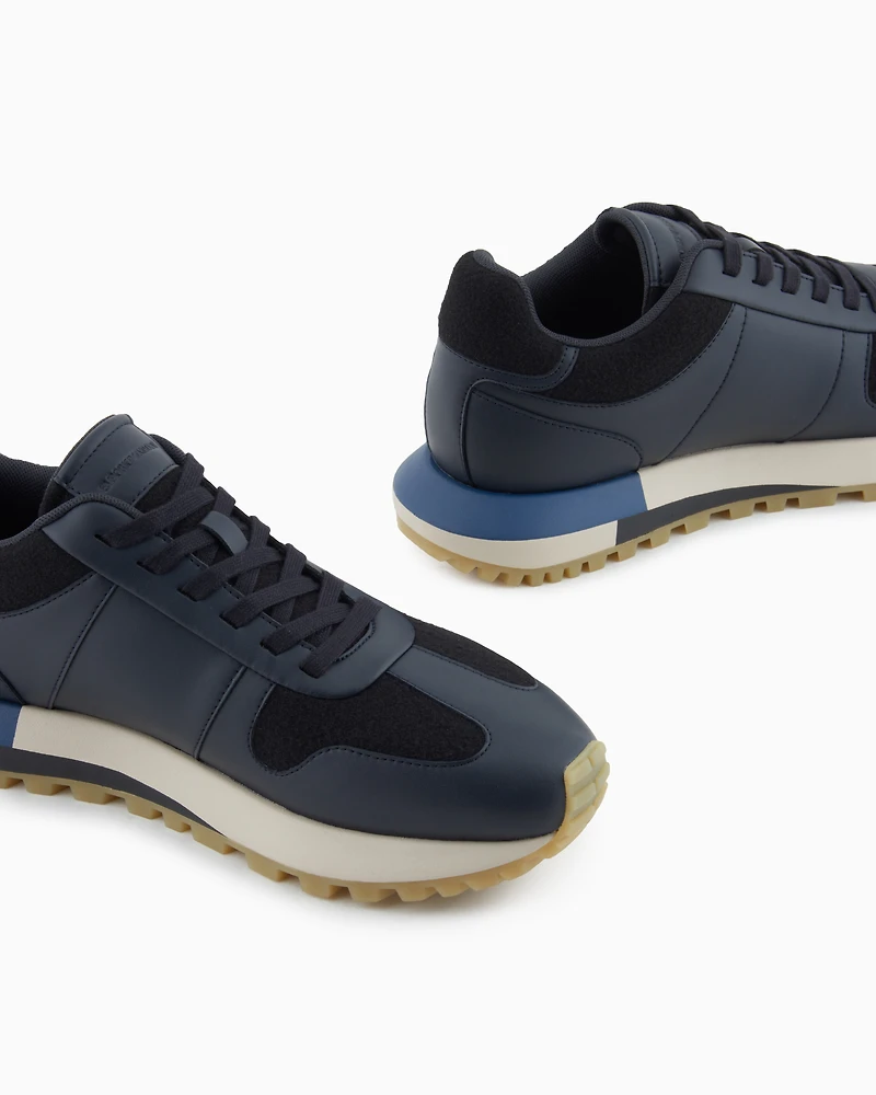 Emporio Armani - Leather sneakers with felt details, Man, Navy Blue, Size: