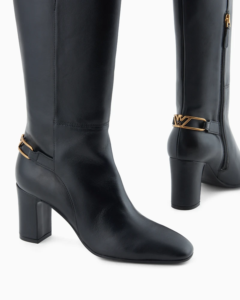Emporio Armani - Nappa-leather boots with strap and eagle plate, Woman, Black, Size: