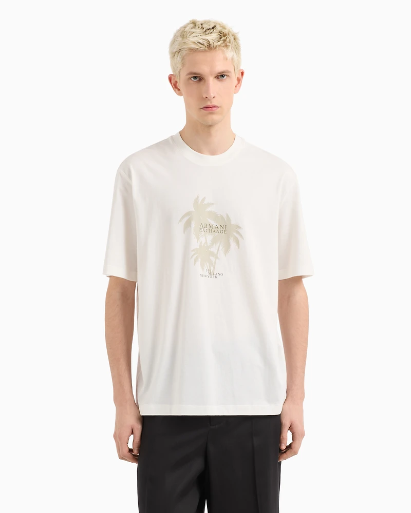 Armani Exchange -  Regular fit palm tree print t-shirt, Man, White, Size: