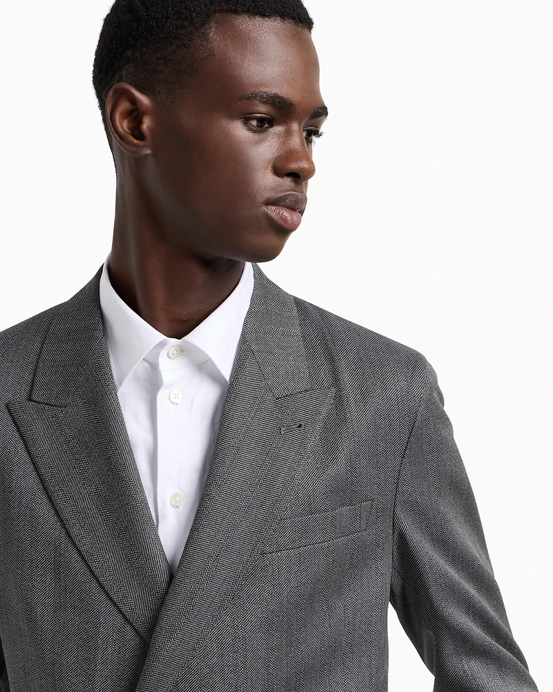 Emporio Armani - Double-breasted suit Cheviot-effect armure virgin wool, Man, Grey, Size: