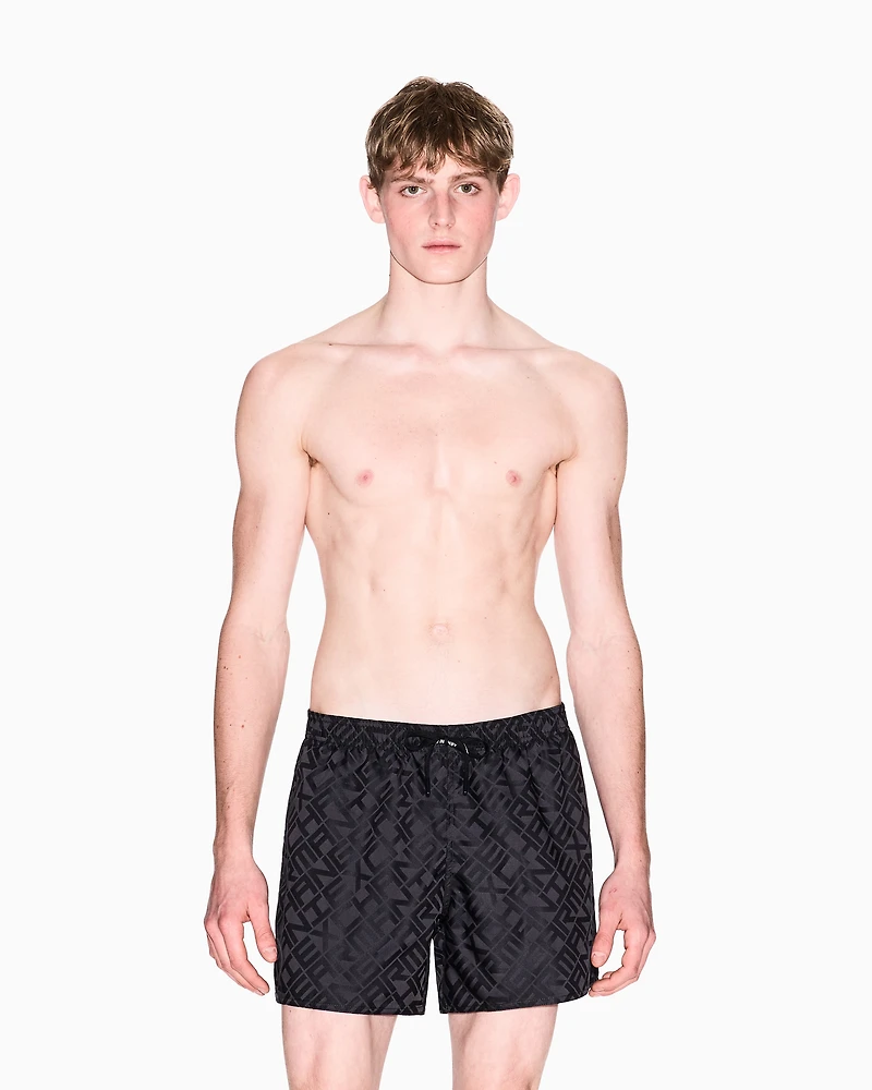 Armani Exchange - Allover logo patterned boxer swimsuit, Man, Black, Size: L