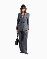 Emporio Armani - Chambray blend linen trousers with pleats, Woman, Blue, Size: