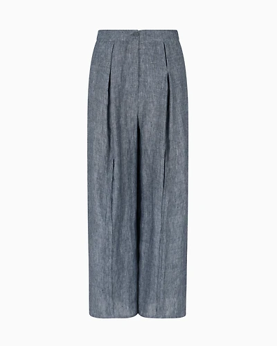 Emporio Armani - Chambray blend linen trousers with pleats, Woman, Blue, Size: