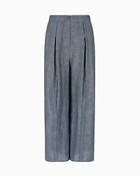 Emporio Armani - Chambray blend linen trousers with pleats, Woman, Blue, Size:
