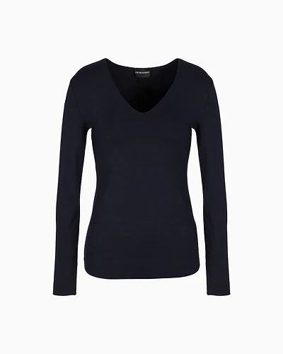 Emporio Armani - Stretch jersey V-neck jumper, Woman, Navy Blue, Size: