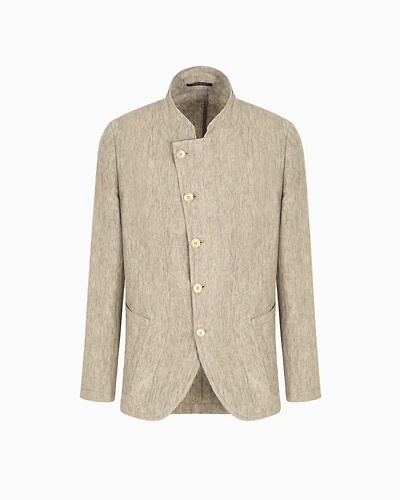 Emporio Armani - Guru collar jacket with off-centre fastening faded linen a crêpe feel, Man, Brown, Size: