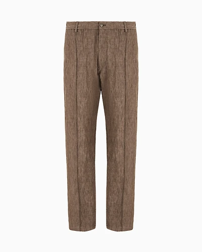 Emporio Armani - Crêpe-effect faded linen trousers with pleats, Man, Brown, Size: