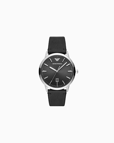Emporio Armani - Black leather watch with three hands and date display, Man, Multicoloured, Size: TU