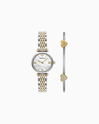 Emporio Armani -  Two-Hand Two-Tone Stainless Steel Watch and Bracelet Set, Woman, Multicoloured, Size: TU