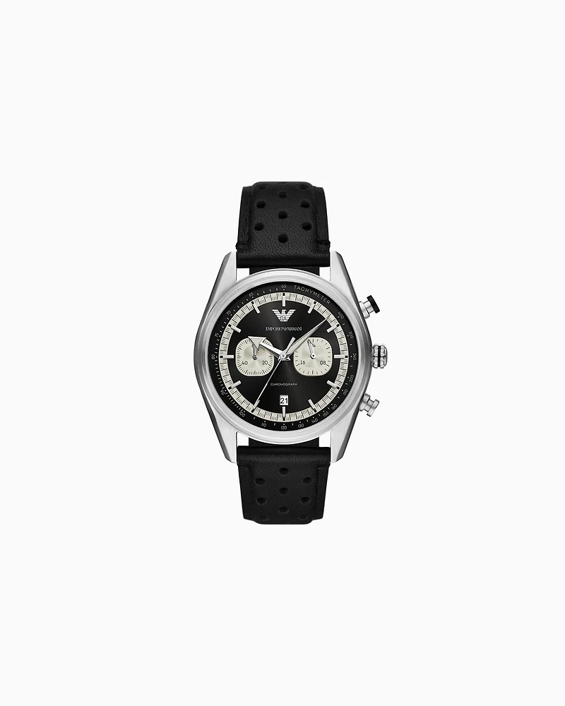 Emporio Armani -  Chronograph Black Leather Watch, Man, Multicoloured, Size: TU