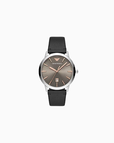 Emporio Armani - Black leather watch with three hands and date display, Man, Multicoloured, Size: TU