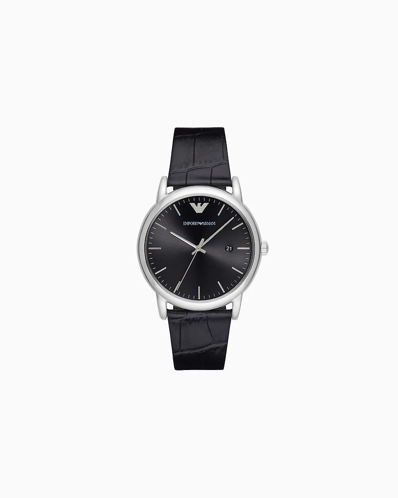 Emporio Armani - Three-Hand Date Black Leather Watch, Man, Multicoloured, Size: TU