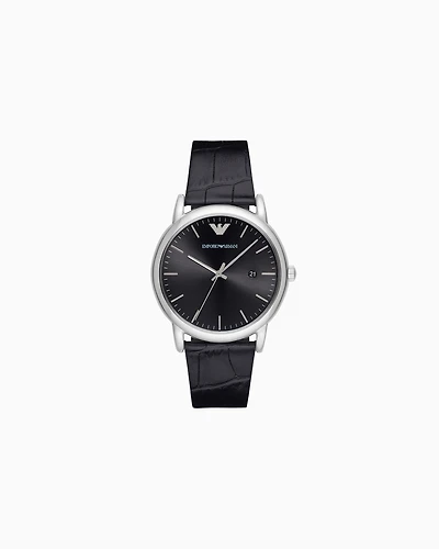 Emporio Armani - Three-Hand Date Black Leather Watch, Man, Multicoloured, Size: TU
