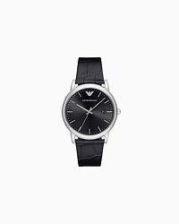 Emporio Armani - Three-Hand Date Black Leather Watch, Man, Multicoloured, Size: TU