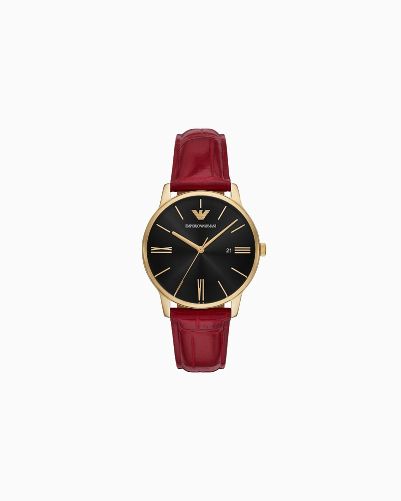 Emporio Armani - Three-Hand Date Bordeaux Red Leather Watch, Man, Multicoloured, Size: TU