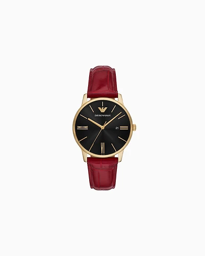 Emporio Armani -  Three-Hand Date Bordeaux Red Leather Watch, Man, Multicoloured, Size: TU