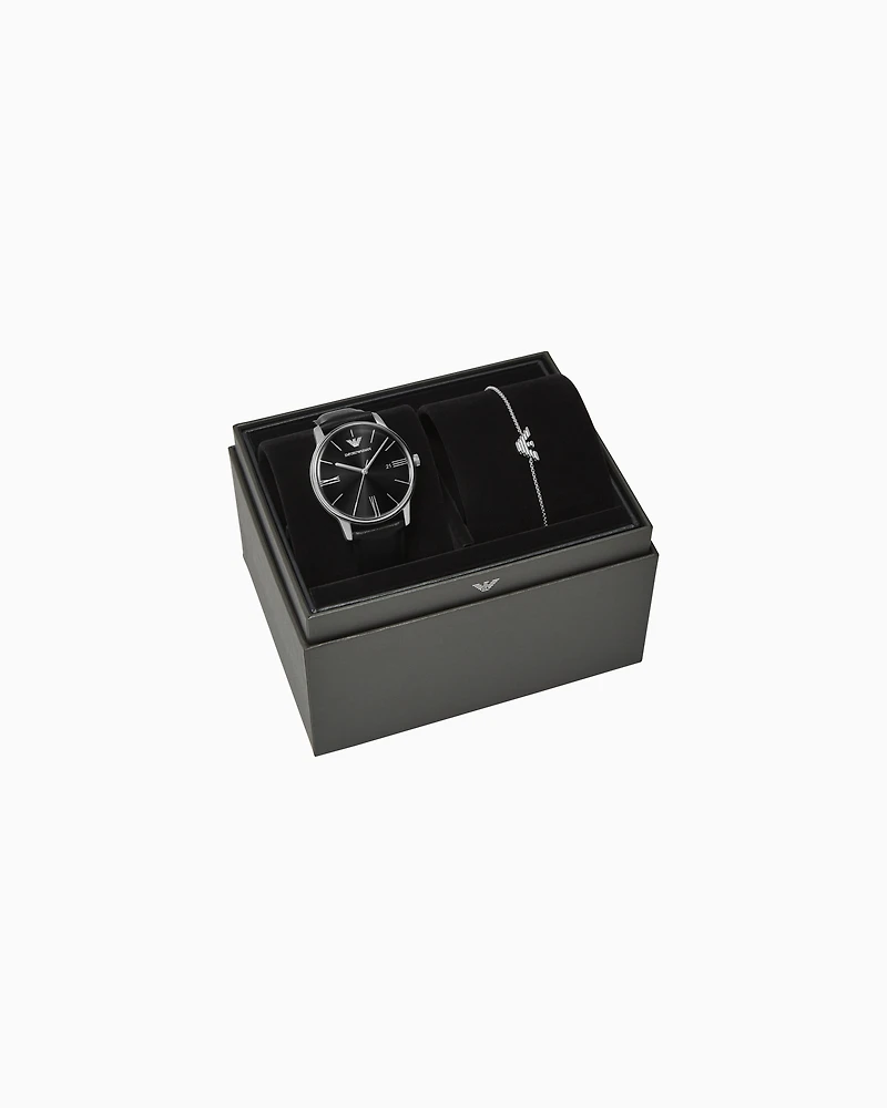 Emporio Armani -  Three-Hand Date Black Leather Watch and Bracelet Set, Man, Multicoloured, Size: TU