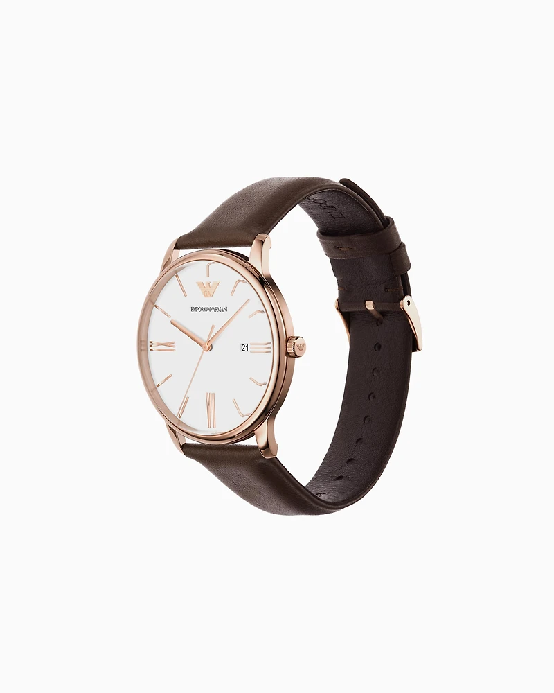 Emporio Armani -  Three-Hand Date Brown Leather Watch, Man, Multicoloured, Size: TU