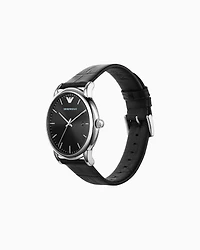 Emporio Armani - Three-Hand Date Black Leather Watch, Man, Multicoloured, Size: TU