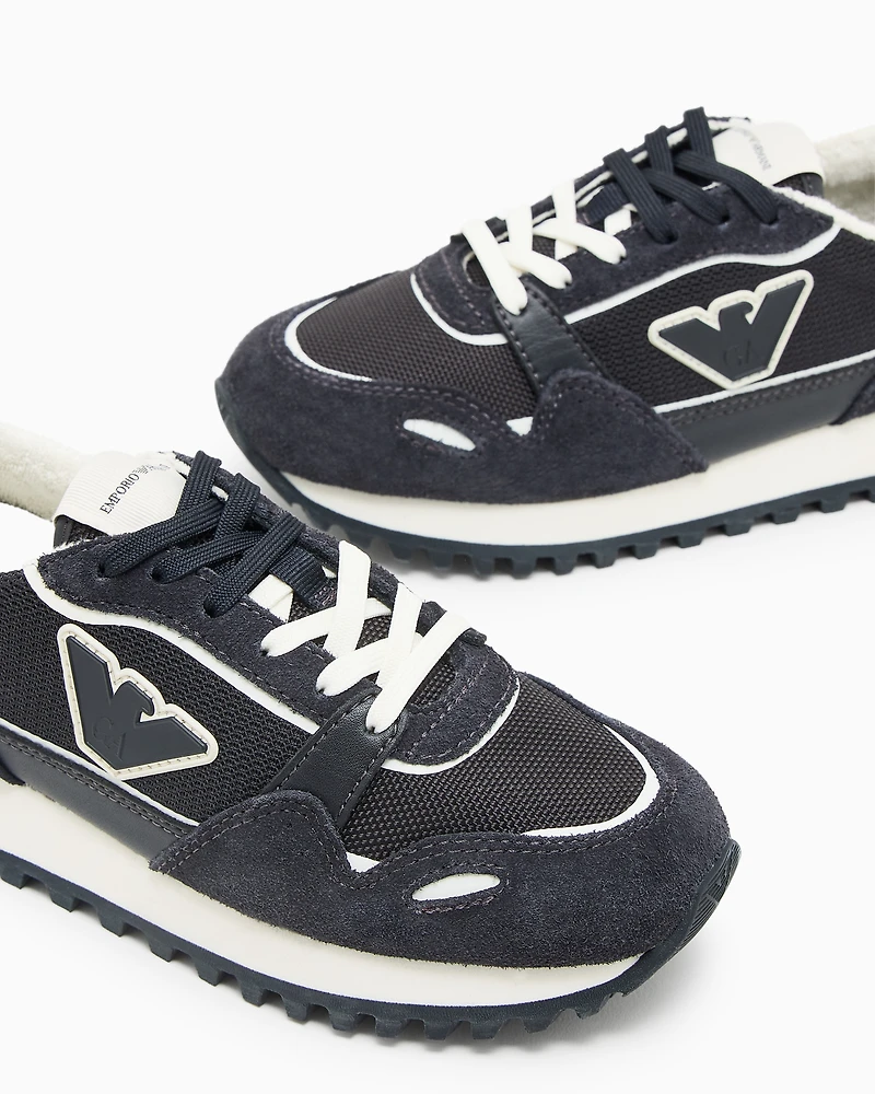 Emporio Armani - Mesh sneakers with suede details and eagle patch, Boy, Navy Blue, Size: