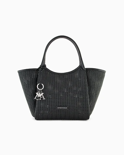Emporio Armani - Interwoven shopper bag with logo charm, Woman, Black, Size: TU