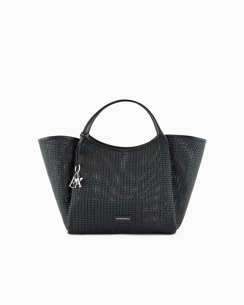 Emporio Armani - Oversized interwoven shopper bag with logo charm, Woman, Black, Size: TU