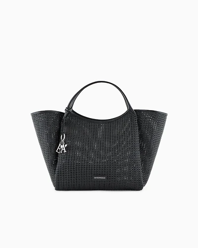 Emporio Armani - Oversized interwoven shopper bag with logo charm, Woman, Black, Size: TU