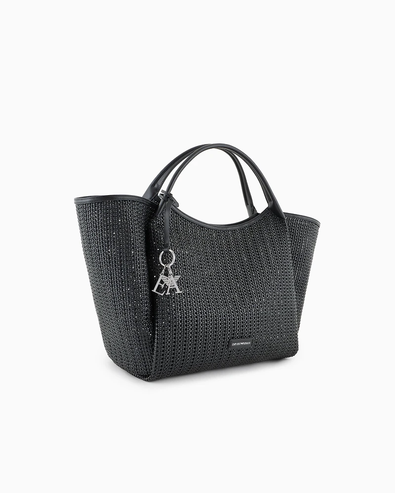 Emporio Armani - Oversized interwoven shopper bag with logo charm, Woman, Black, Size: TU