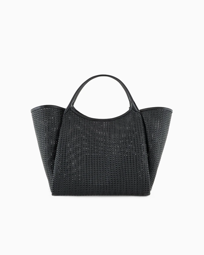 Emporio Armani - Oversized interwoven shopper bag with logo charm, Woman, Black, Size: TU