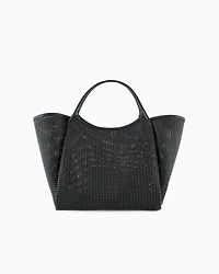 Emporio Armani - Oversized interwoven shopper bag with logo charm, Woman, Black, Size: TU
