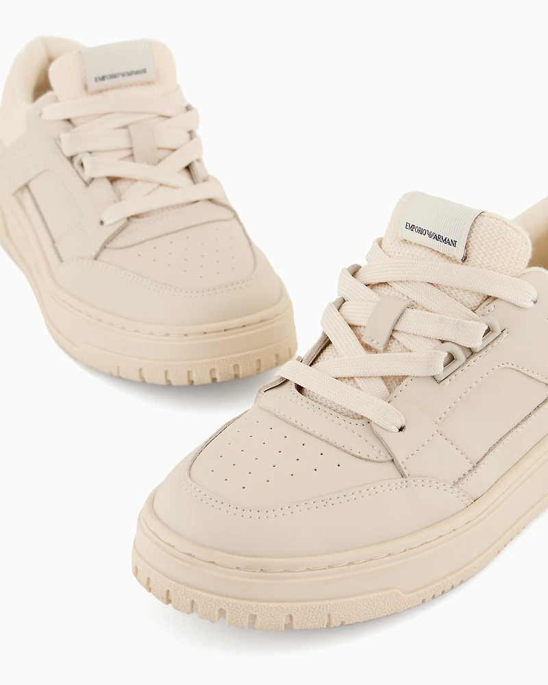 Emporio Armani - Leather sneakers with mesh details, Boy, Beige, Size: