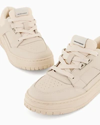 Emporio Armani - Leather sneakers with mesh details, Boy, Beige, Size: