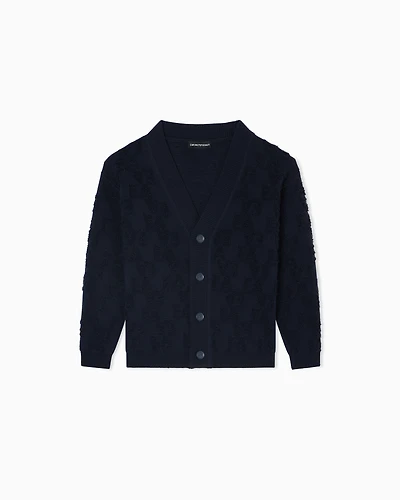 Emporio Armani - Wool-blend V-neck cardigan with 3D-effect embossed logo lettering, Boy, Navy Blue, Size: